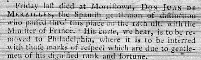 Noticia de la muerte de Juan de Miralles en la Gaceta de Nueva Jersey el 3 de mayo de 1780. 