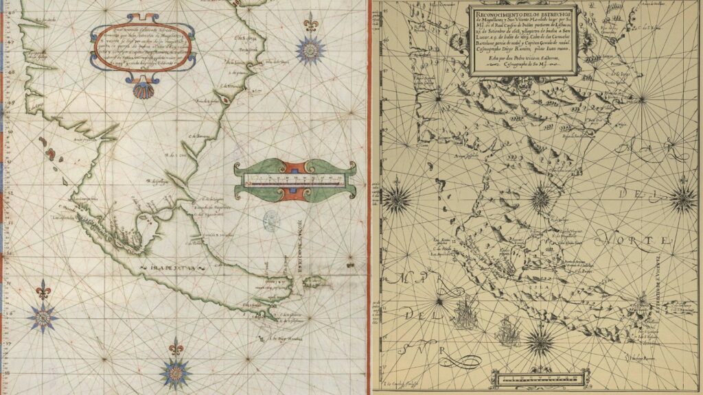 A la izquierda el mapa realizado por Diego Ramírez, a la derecha el realizado por Pedro Teixeira