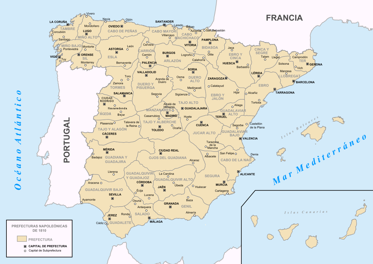 Mapa de las prefecturas napoleónicas.