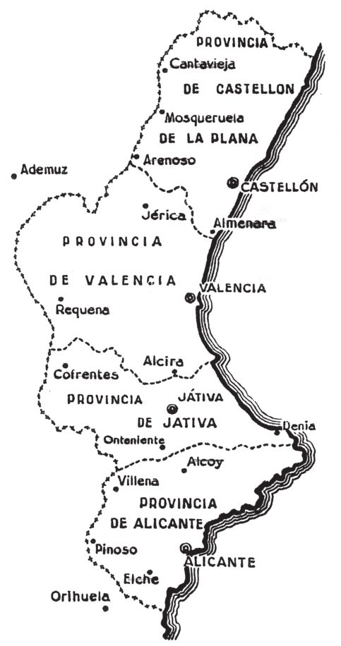 Mapa de las cuatro provincias valencianas.